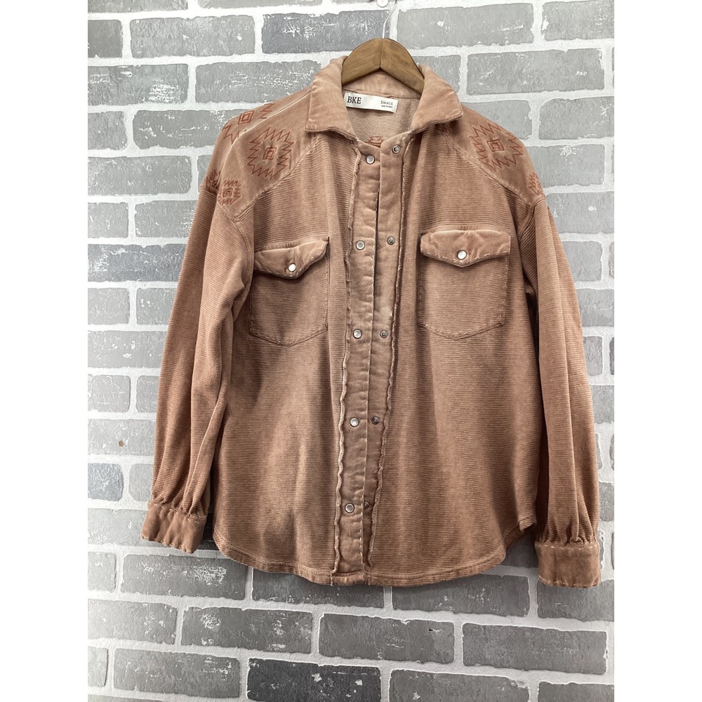 BKE Women Small Tan Corduroy Shacket Southwestern Embroidered Snap Front Jacket